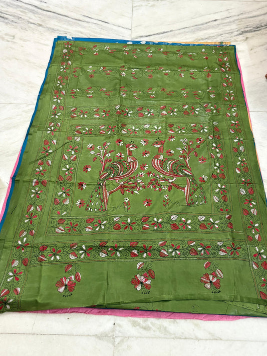 Blended Bangalore Silk Hand Crafted Kantha Stitch Saree
