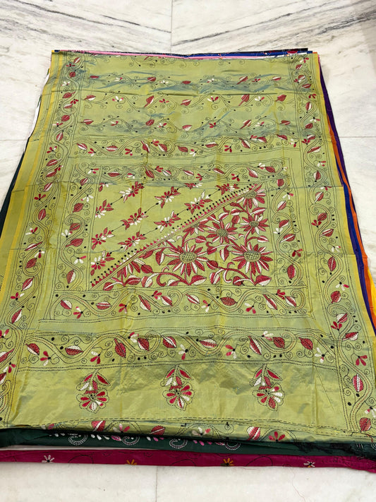 Blended Murshidabad Silk Hand Crafted Kantha Stitch Saree