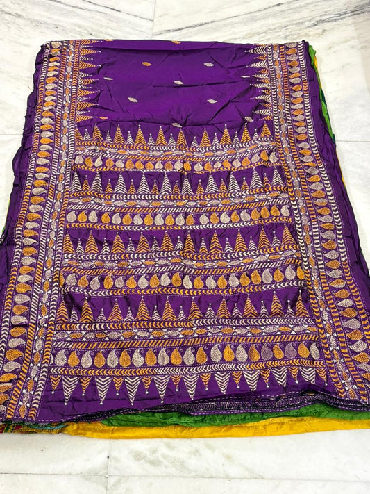 Pure Bangalore Silk Hand Crafted Kantha Stitch Saree