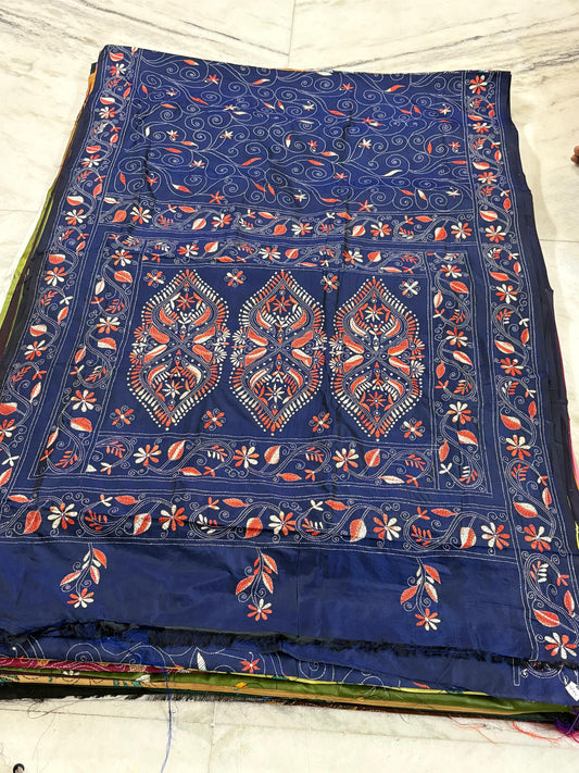 Blended Bangalore Silk Hand Crafted Kantha Stitch Saree