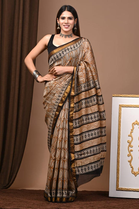 Natural Color Hand Block Print Saree