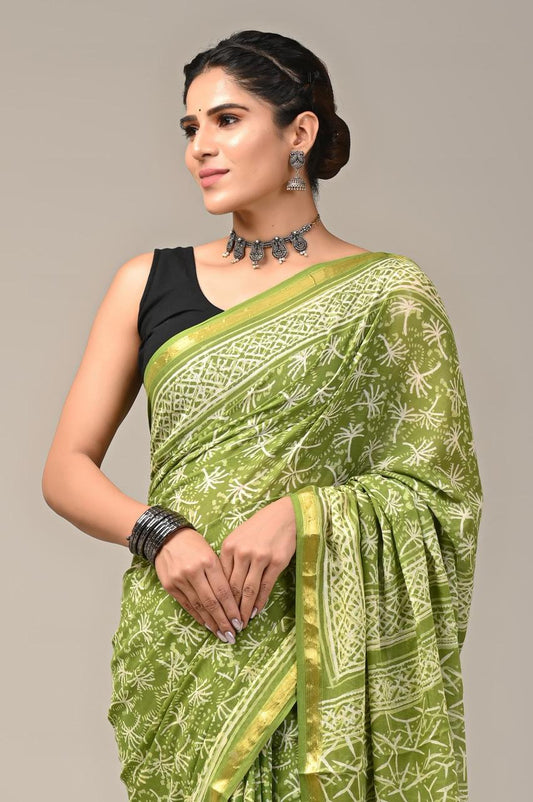 Hand Block Printing Saree on Cotton Zari