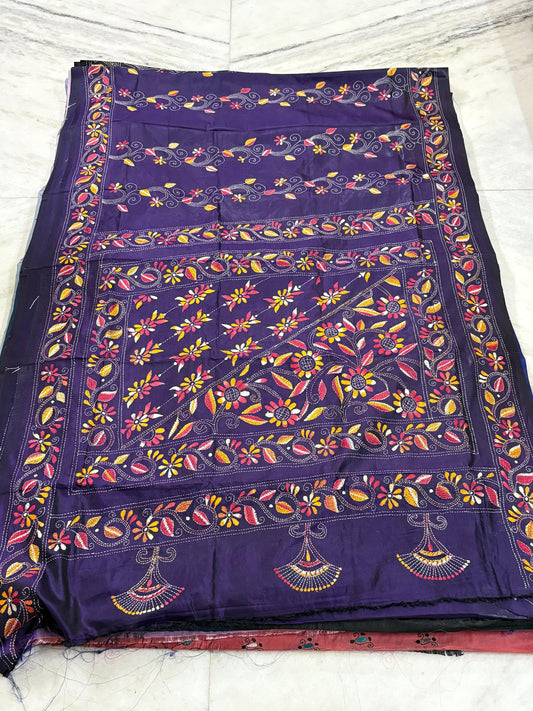 Blended Murshidabad Silk Hand Crafted Kantha Stitch Saree