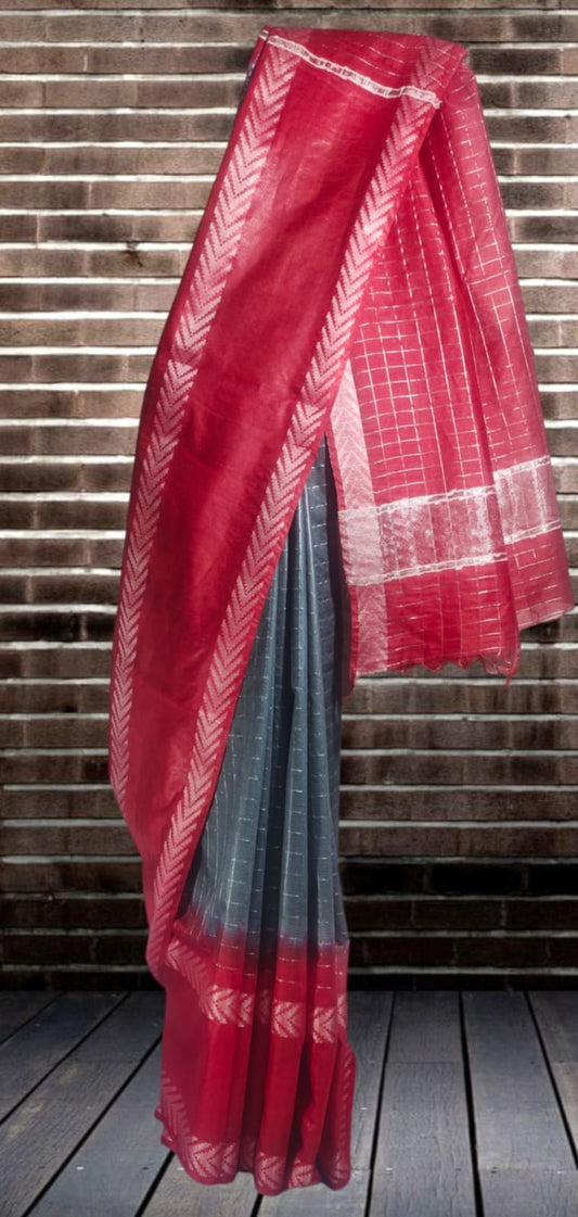 Mini Checks Kota Silk Saree With Hand Shibori