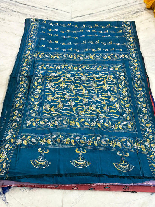 Blended Murshidabad Silk Hand Crafted Kantha Stitch Saree