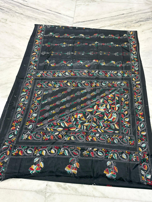 Blended Murshidabad Silk Hand Crafted Kantha Stitch Saree
