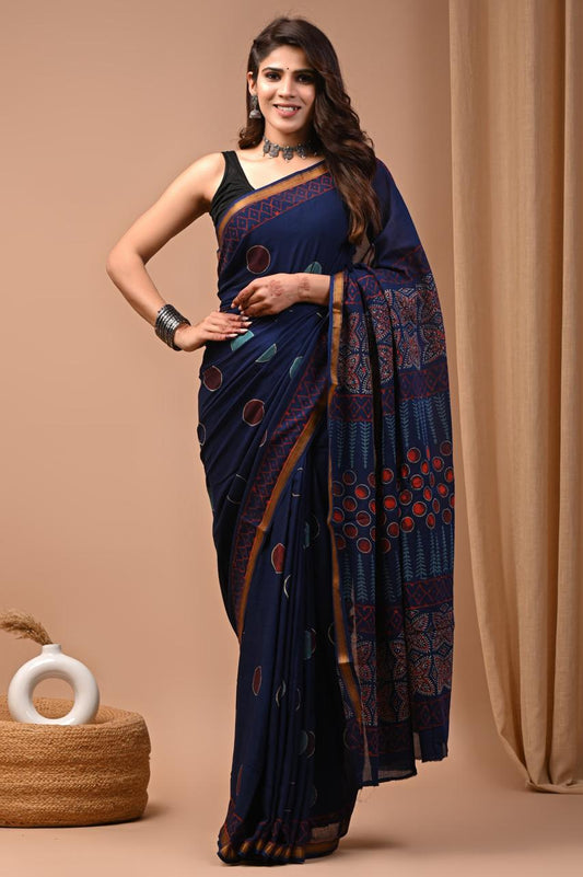 Hand Block Printing Saree on Cotton Zari