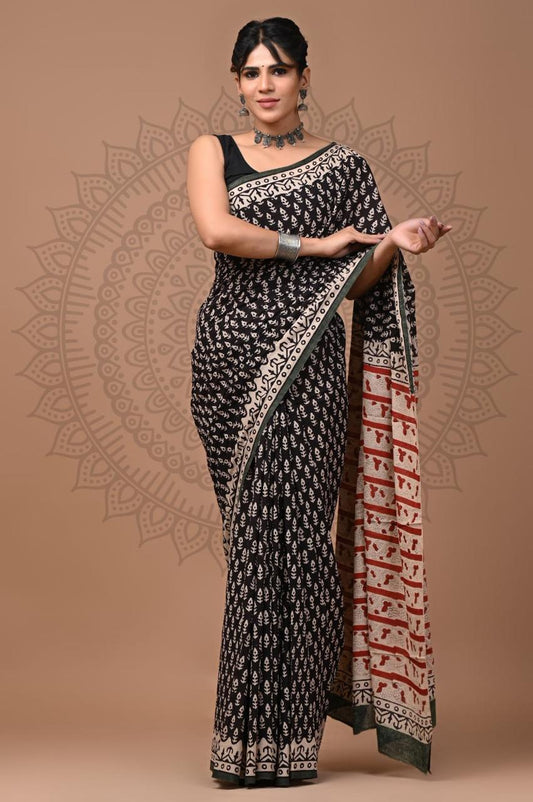 Natural Color Hand Block Print Saree
