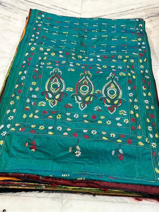 Blended Bangalore Silk Hand Crafted Kantha Stitch Saree