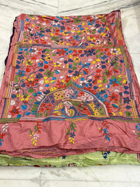 Pure Bangalore Silk Hand Crafted Kantha Stitch Saree