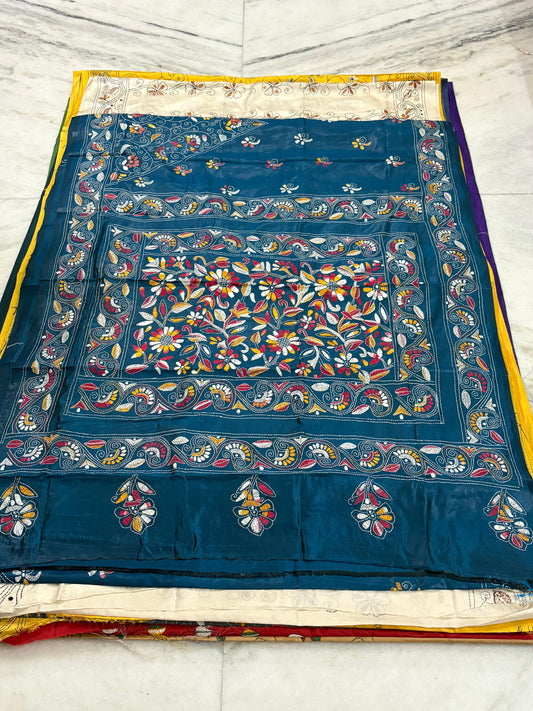 Blended Murshidabad Silk Hand Crafted Kantha Stitch Saree