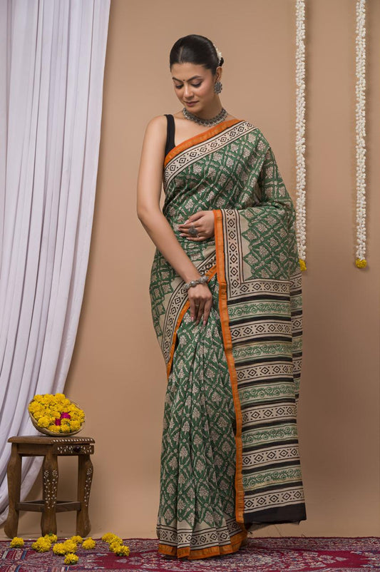 Hand Block Print Saree on Chanderi Silk