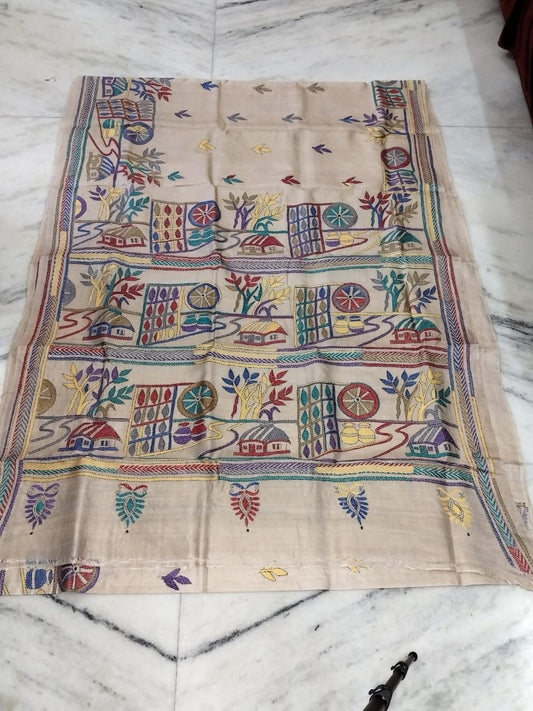 Pure Gachhi Tussar Handicrafts Kantha Stitch Saree
