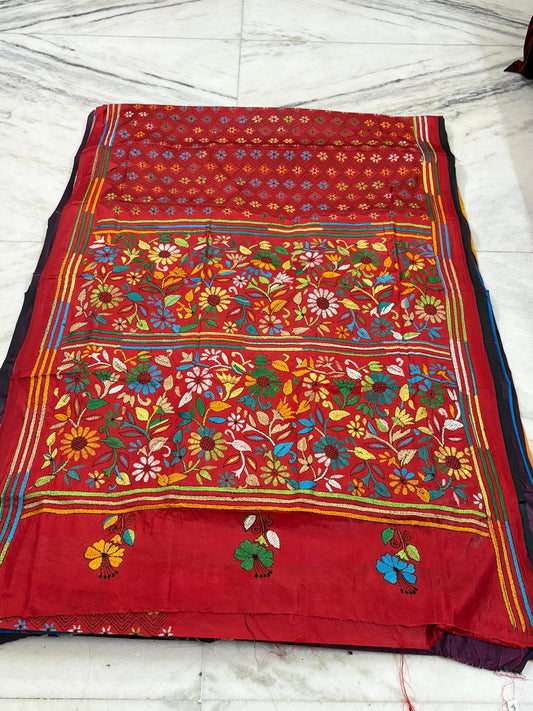 Blended Bangalore Silk Hand Crafted Kantha Stitch Saree
