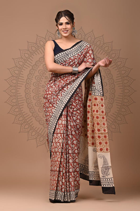 Natural Color Hand Block Print Saree