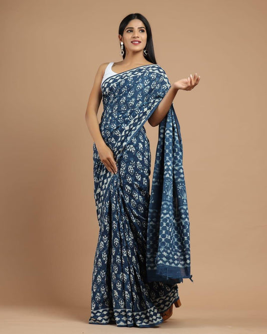 Hand Block Printing Saree with Indigo Dyes