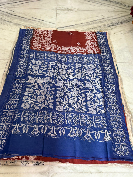Korean Tussar Handicrafts Kantha Stitch Saree