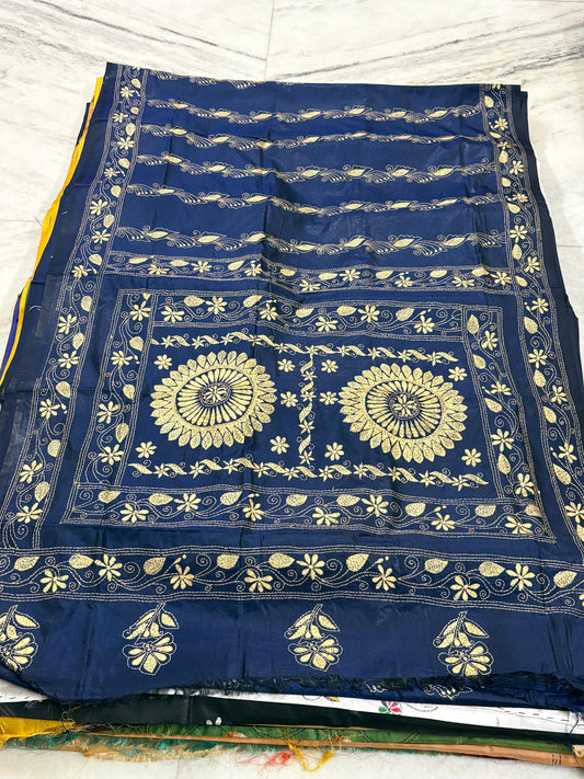 Blended Murshidabad Silk Hand Crafted Kantha Stitch Saree