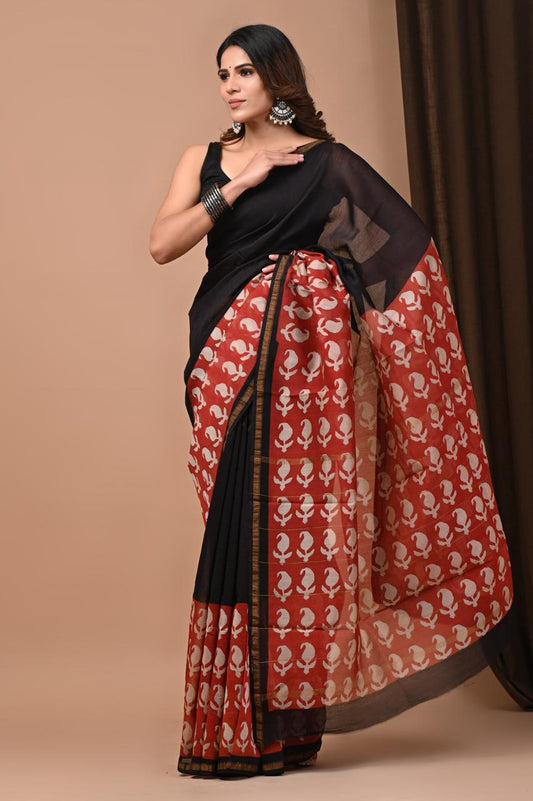Hand Block Print Saree on Chanderi Silk