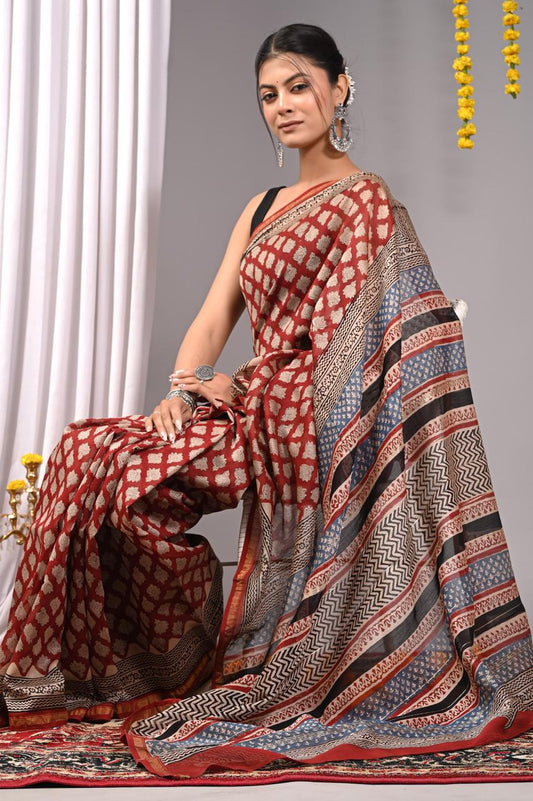 Hand Block Print Saree on Chanderi Silk