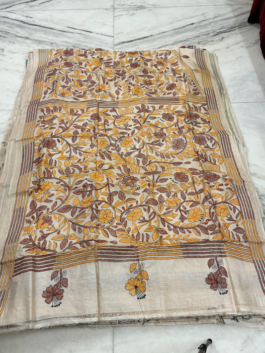 Pure Gachhi Tussar Handicrafts Kantha Stitch Saree