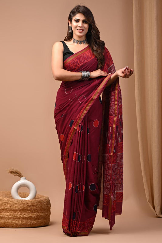 Hand Block Printing Saree on Cotton Zari