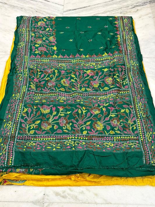 Pure Bangalore Silk Hand Crafted Kantha Stitch Saree