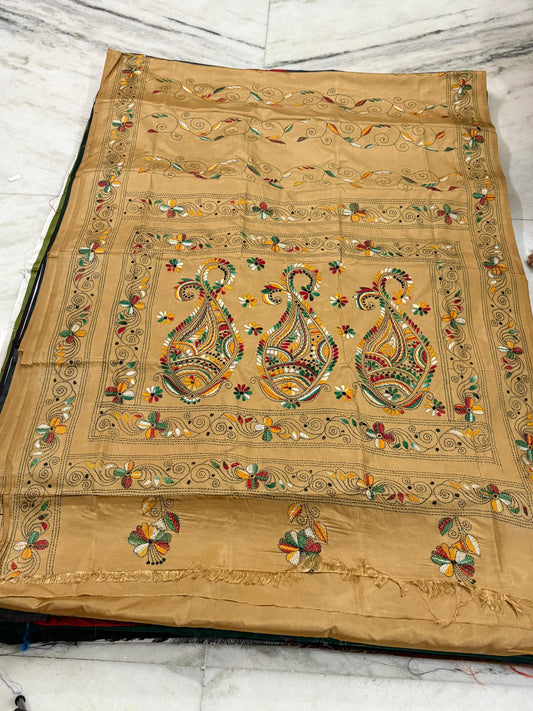 Blended Bangalore Silk Hand Crafted Kantha Stitch Saree