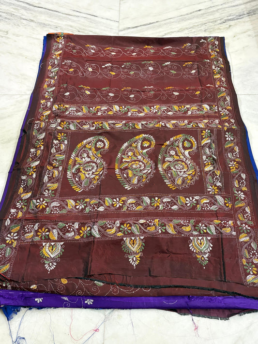 Blended Murshidabad Silk Hand Crafted Kantha Stitch Saree