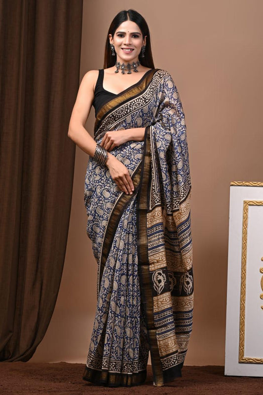 Natural Color Hand Block Print Saree