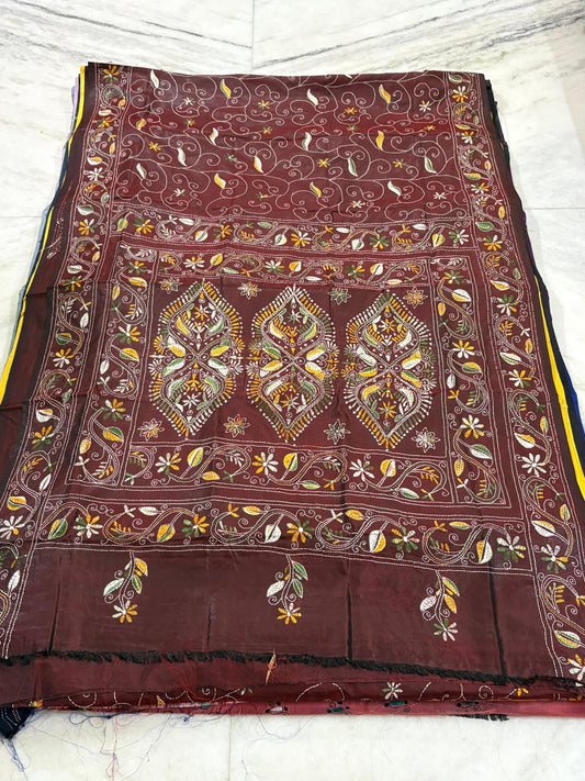 Blended Murshidabad Silk Hand Crafted Kantha Stitch Saree