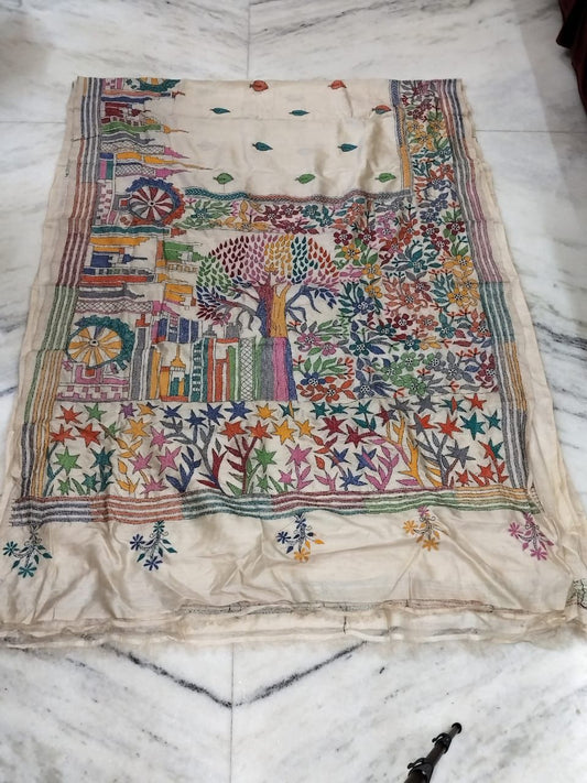 Pure Gachhi Tussar Handicrafts Kantha Stitch Saree