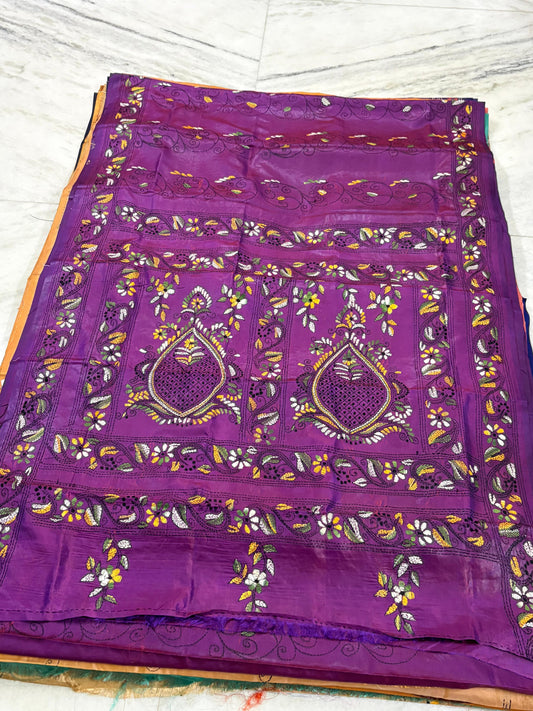 Blended Murshidabad Silk Hand Crafted Kantha Stitch Saree