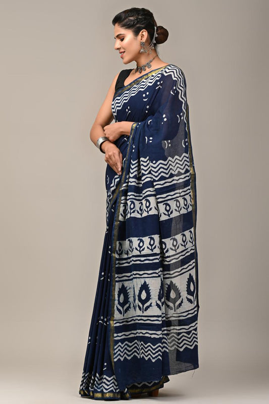Hand Block Printing Saree on Cotton Zari