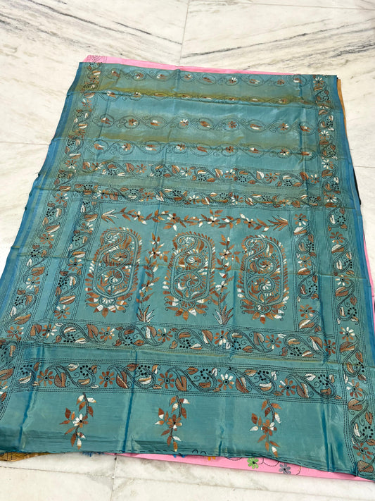 Blended Murshidabad Silk Hand Crafted Kantha Stitch Saree