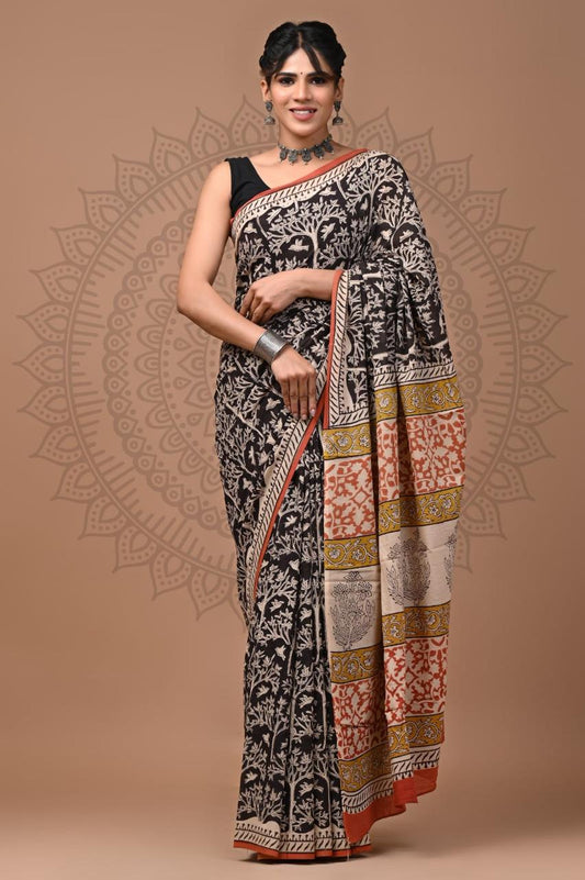 Natural Color Hand Block Print Saree