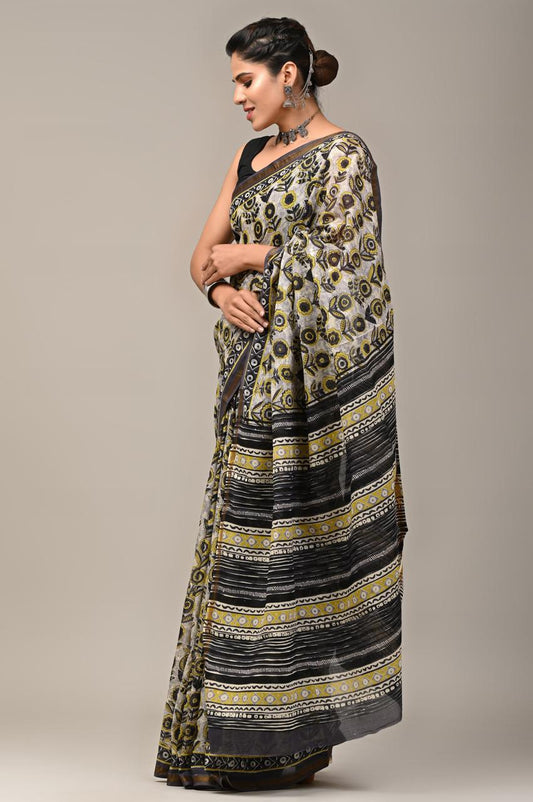 Hand Block Printing Saree on Cotton Zari