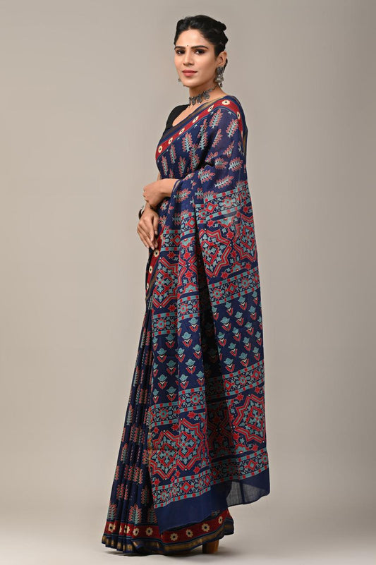 Hand Block Printing Saree on Cotton Zari