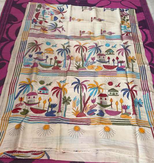 Korean Tussar Handicrafts Kantha Stitch Saree