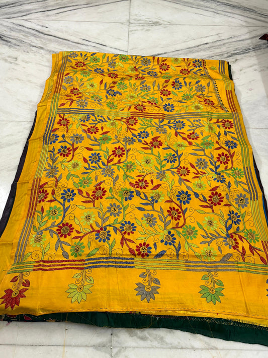 Blended Bangalore Silk Hand Crafted Kantha Stitch Saree
