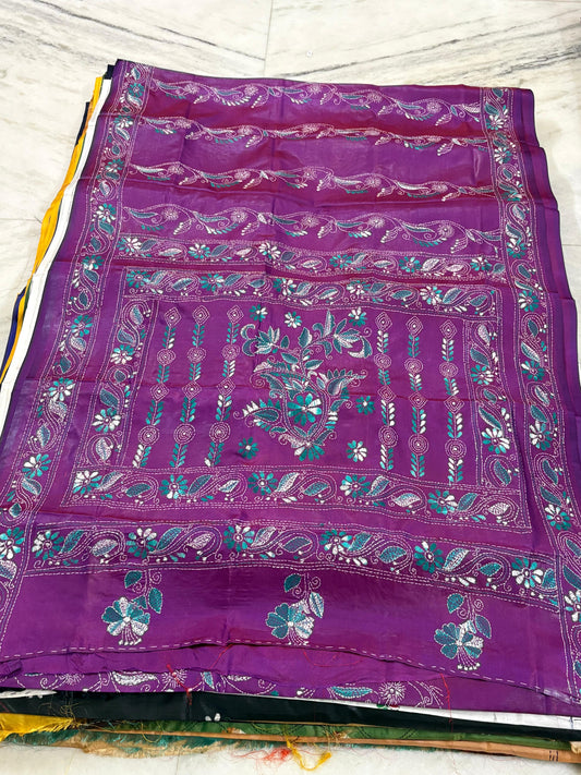 Blended Murshidabad Silk Hand Crafted Kantha Stitch Saree