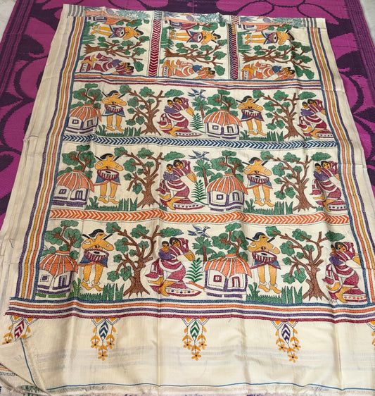 Korean Tussar Handicrafts Kantha Stitch Saree