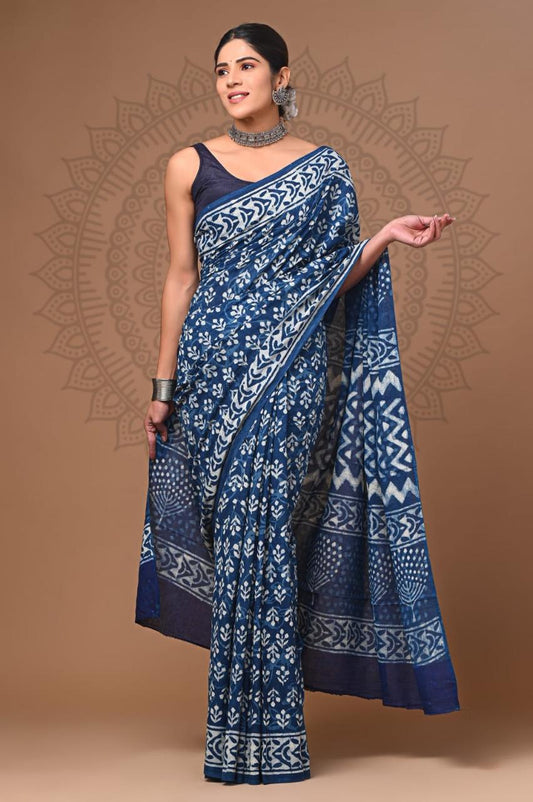 Hand Block Printing Saree with Indigo Dyes