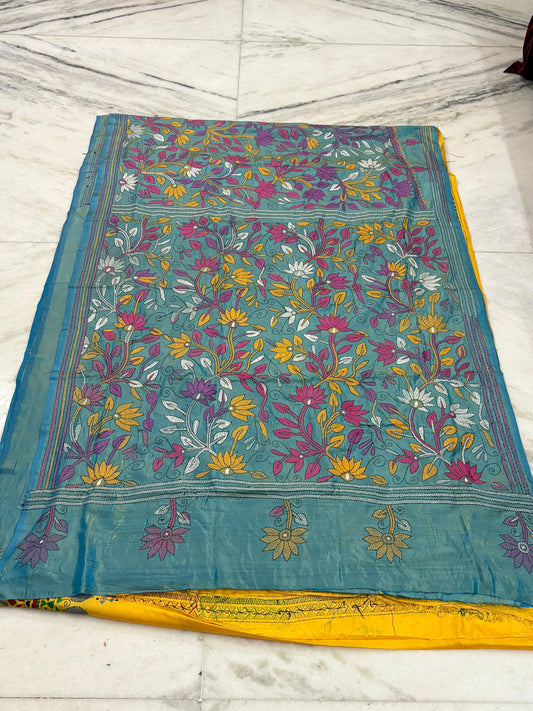 Blended Bangalore Silk Hand Crafted Kantha Stitch Saree