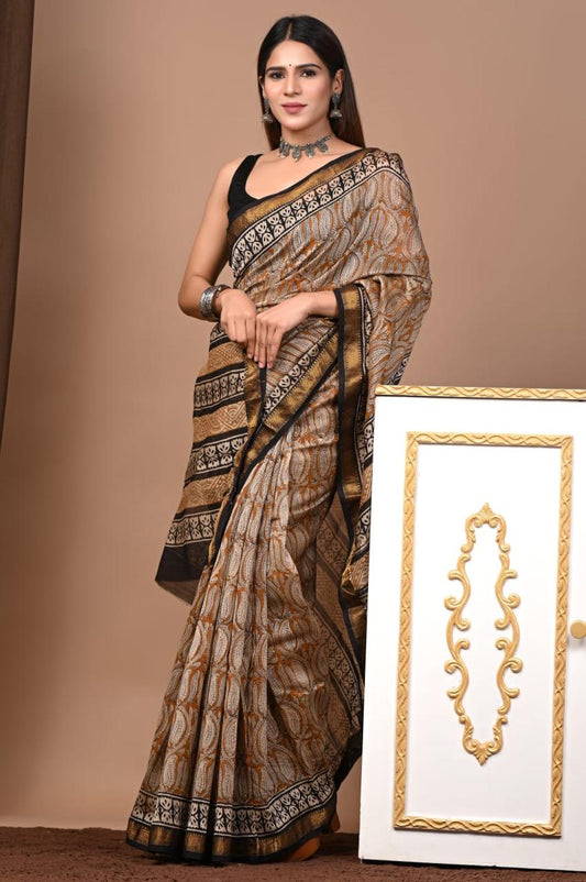 Natural Color Hand Block Print Saree