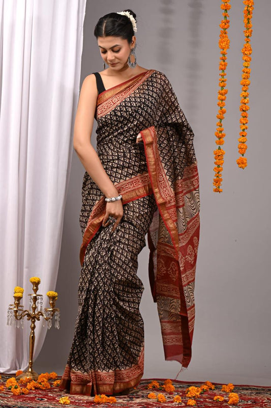 Natural Color Hand Block Print Saree