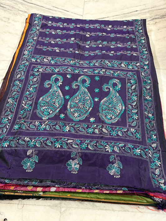 Blended Bangalore Silk Hand Crafted Kantha Stitch Saree