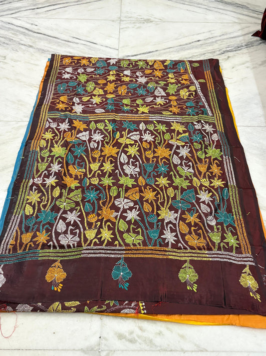 Blended Bangalore Silk Hand Crafted Kantha Stitch Saree