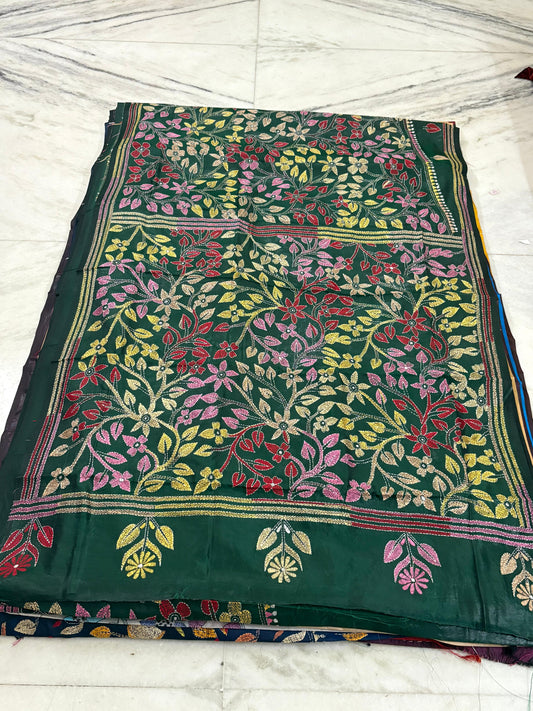 Blended Bangalore Silk Hand Crafted Kantha Stitch Saree