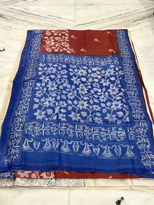 Pure Gachhi Tussar Handicrafts Kantha Stitch Saree